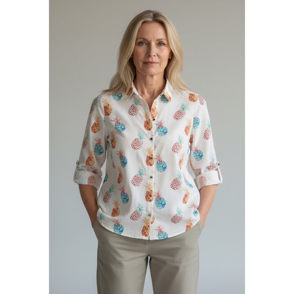 Chicos No Iron Pineapple Print‎ Button Down Shirt White Multi Color Size 0 Small